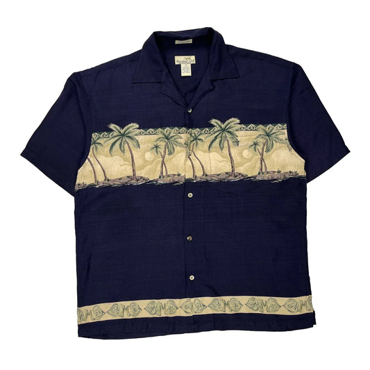 Bamboo City Graphic Hawaiian Shirt - Medium Navy Viscose