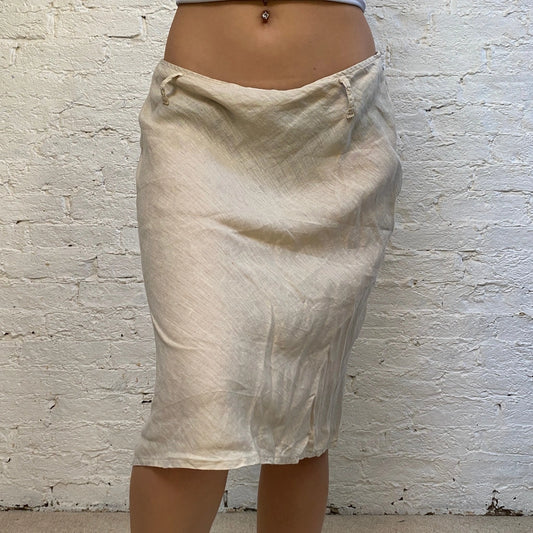 Vintage beige Cotton Belt Midi Skirt - womens 33" waist