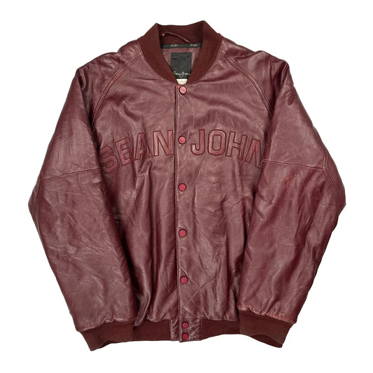 Vintage Sean John Spellout Leather Jacket - XL Burgundy Leather