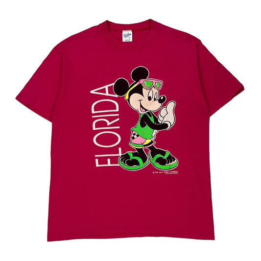 1980S Mickey Mouse Florida Velva Sheen Graphic T-Shirt - Large Red Polyester Blend