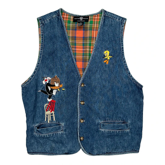 Tweety And Sylvester Warner Bros Cartoon Waistcoat - Medium Blue Cotton