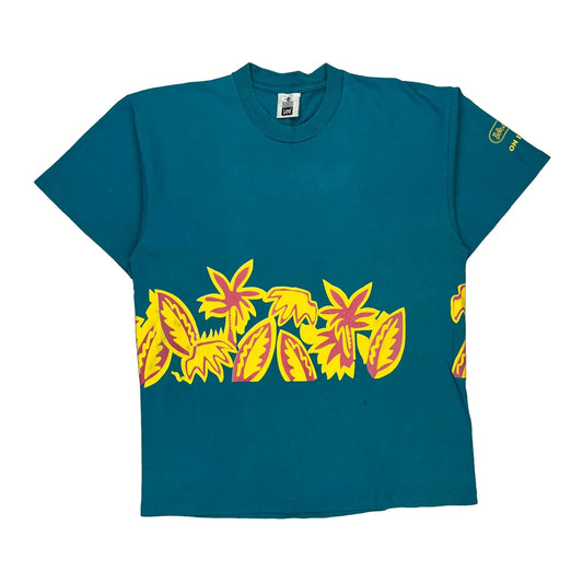 Hawaiian Floral Print Unbranded Single Stitch T-Shirt - XL Blue Cotton