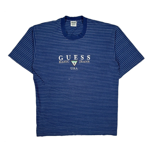 Made In USA Guess Striped T-Shirt - Large Blue Cotton