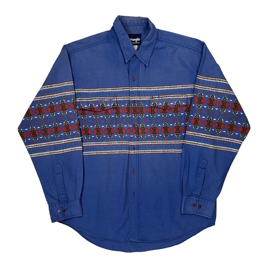 90S Wrangler Aztec Western Shirt - Large Blue Cotton