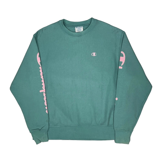 Reverse Weave Champion Spellout Sweatshirt - Large Green Cotton