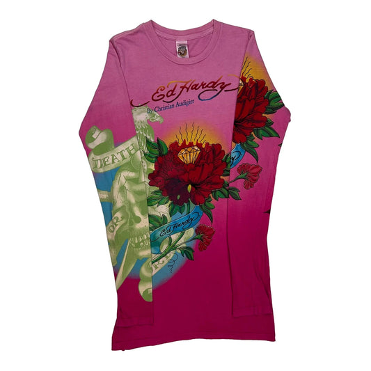 Vintage Ed Hardy Graphic Long Sleeve T-Shirt - Small Pink Cotton