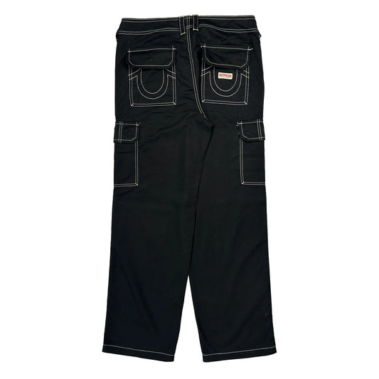 True Religion Contrast Stitch Cargo Trousers - 34W 31L Black Cotton