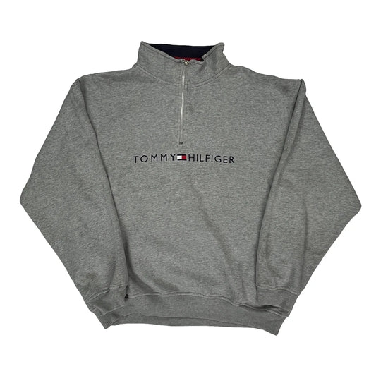 Spellout Tommy Hilfiger 1/4 Zip - XL Grey Cotton Blend