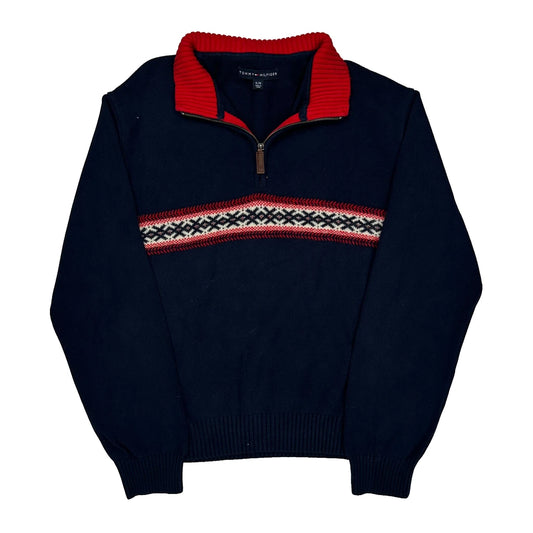 Tommy Hilfiger Striped Aztec 1/4 Zip - XL Navy Cotton