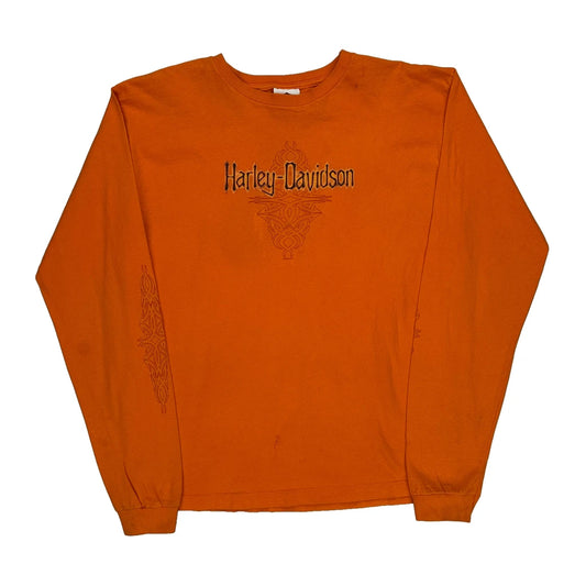 Harley Davidson Long Sleeve T-Shirt - Medium Orange Cotton