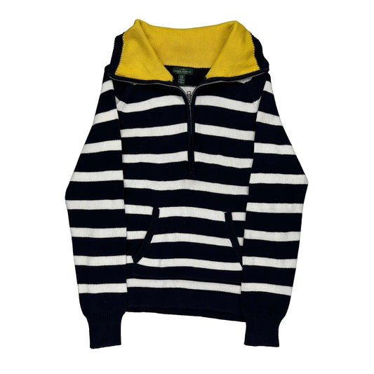 Ralph Lauren Striped 1/4 Zip - Large Navy Cotton