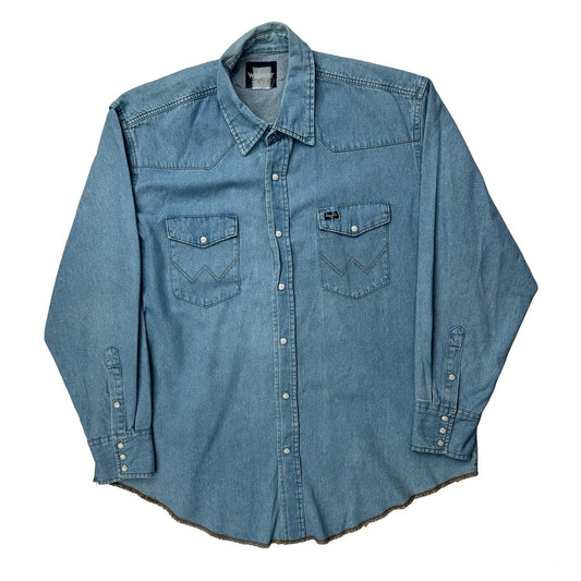 Wrangler Pearl Snap Western Denim Shirt - 2XL Blue Denim