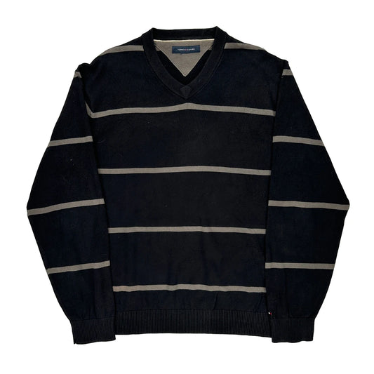 Tommy Hilfiger Striped Jumper - Large Black Cotton