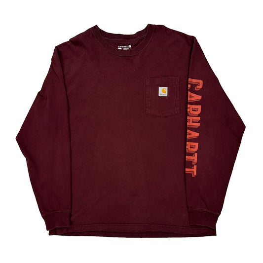 Carhartt Spellout Long Sleeve T-Shirt - Large Burgundy Cotton