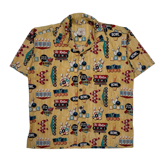 Bowling Theme Max Box Graphic Hawaiian Shirt - Medium Yellow Cotton