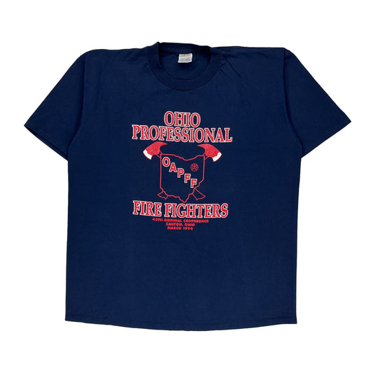 Made In USa Ohio Professional Fire Fighters Jerzees T-Shirt - XL Blue Cotton Blend