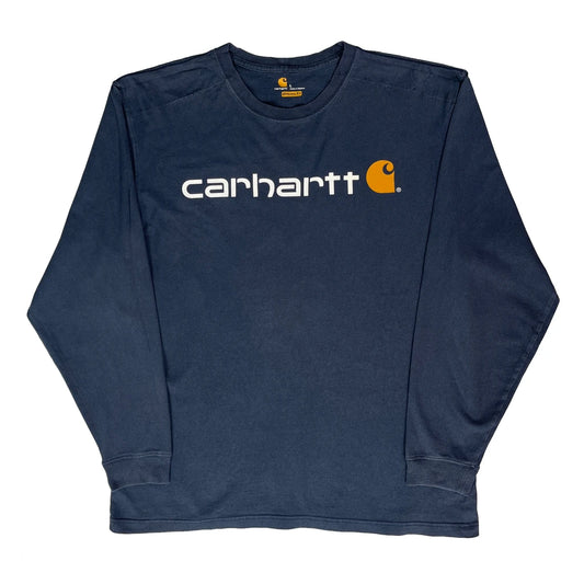 Carhartt Spellout Long Sleeve T-Shirt - Large Blue Cotton