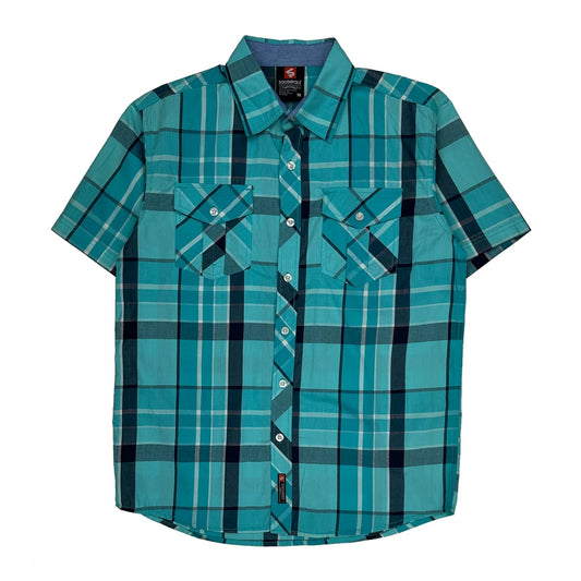 Vintage Southpole Checked Short Sleeve Shirt - Medium Blue Cotton Blend