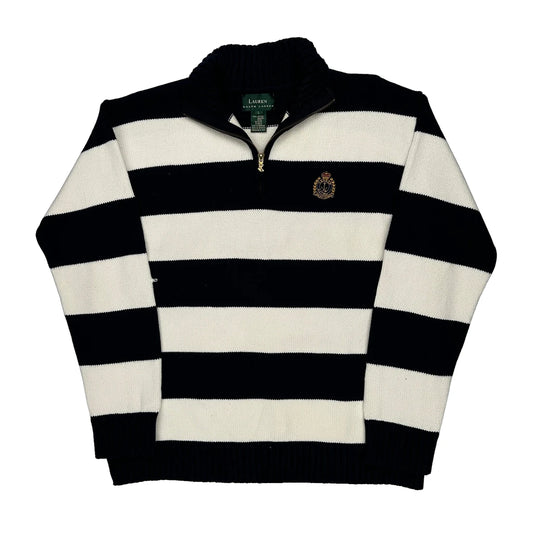 Ralph Lauren Striped 1/4 Zip - Large Black & White Cotton