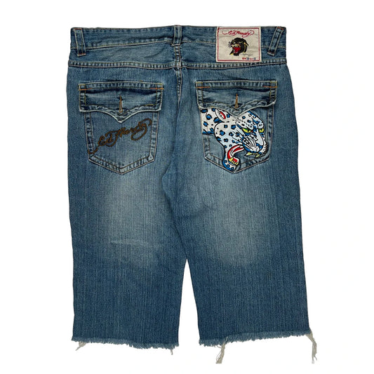 Ed Hardy Graphic Denim Shorts - 38W 12L Blue Denim