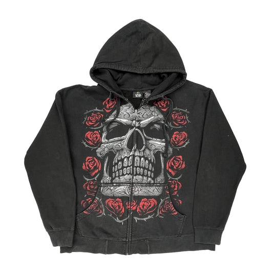Skull And Roses Liquid Blue Graphic Hoodie - Large Black Cotton Blend