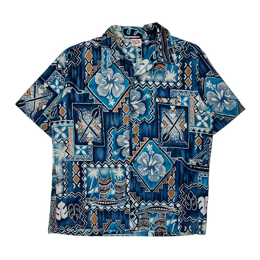 Barefoot Paradise Hawaiian Shirt - Large Blue Cotton
