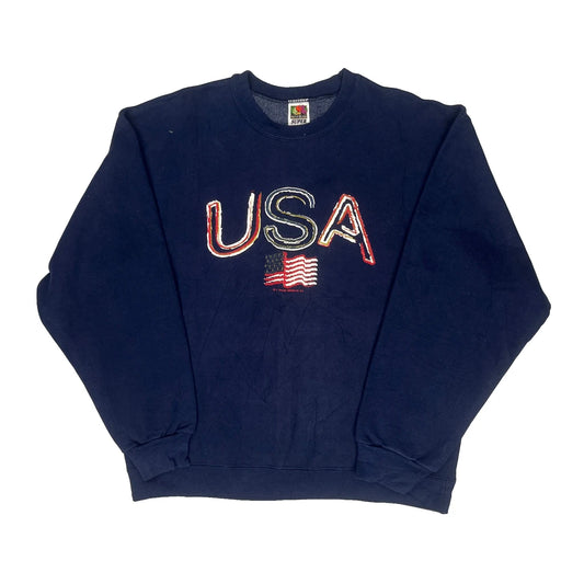 Vintage USA Fruit Of The Loom Sweatshirt - Large Navy Cotton Blend