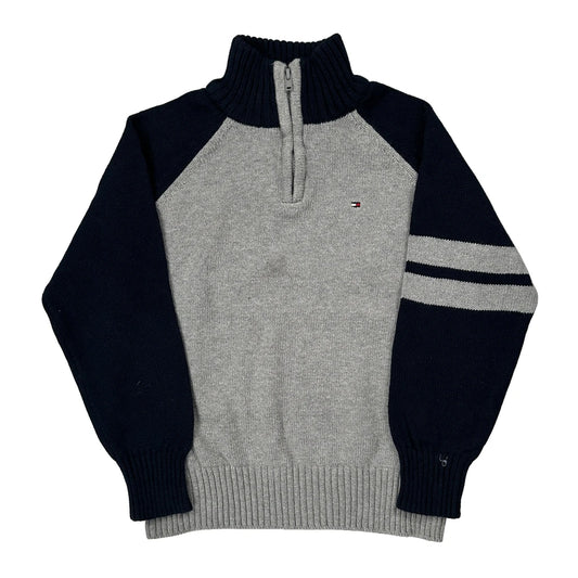 Vintage Age 6 Tommy Hilfiger Striped 1/4 Zip - Small Grey Cotton