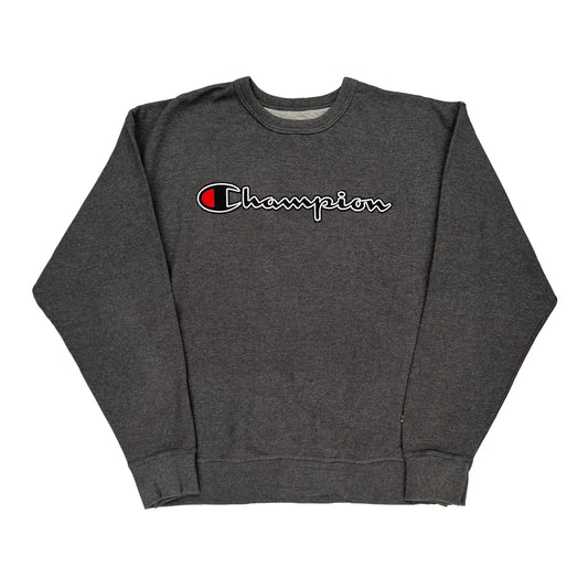 Champion Spellout Sweatshirt - Large Grey Cotton Blend
