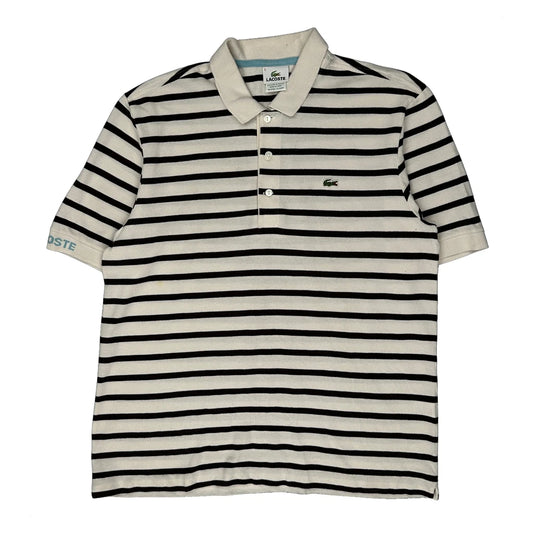 Vintage Lacoste Striped Polo Shirt - Large White Cotton