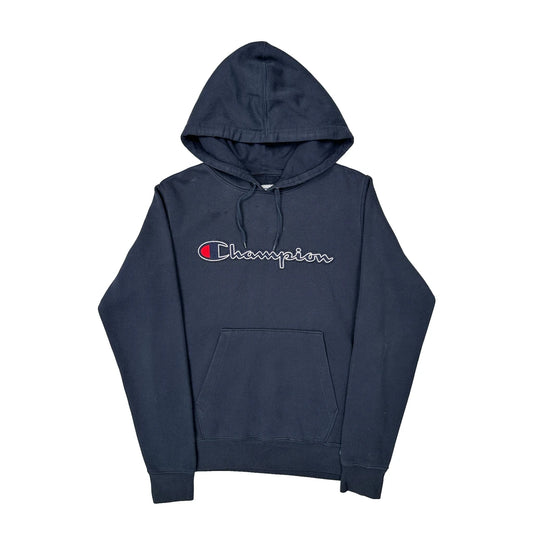 Vintage Champion Spellout Hoodie - Small Navy Cotton