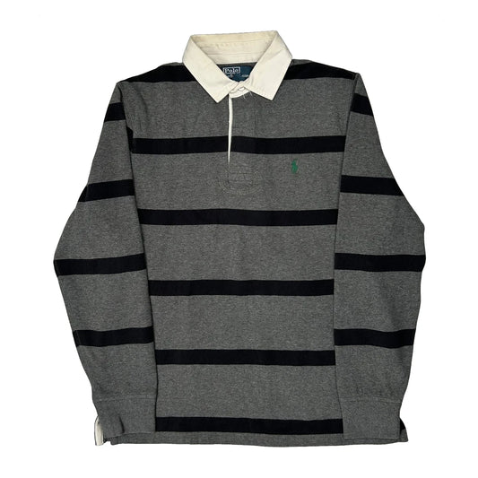 Vintage Polo By Ralph Lauren Striped Rugby Shirt - Large Grey Cotton
