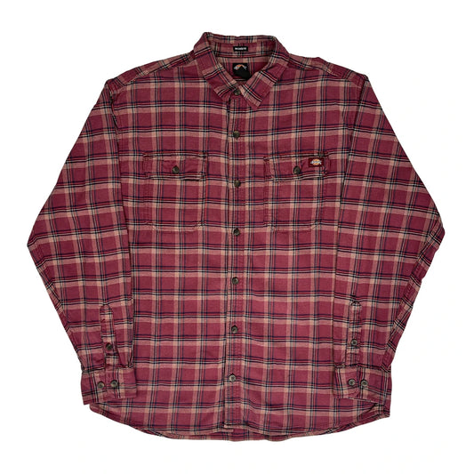 Dickies Checked Flannel Shirt - Large Burgundy Cotton