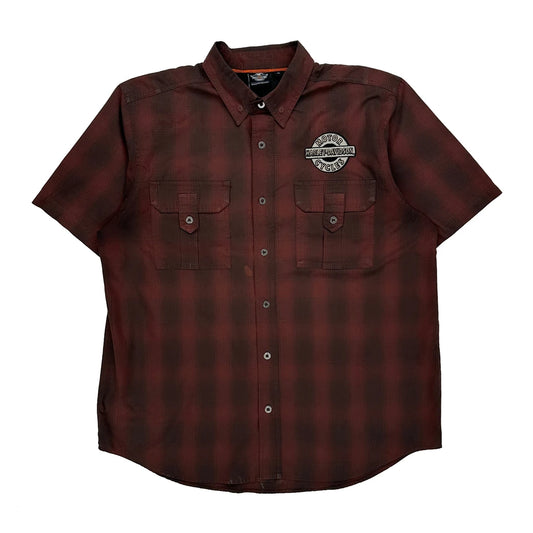 Vintage Motorcycles Harley Davidson Checked Short Sleeve Shirt - XL Burgundy Cotton Blend