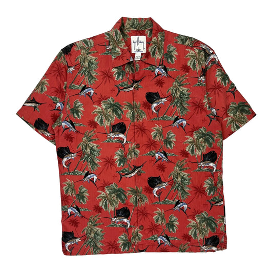 Guy Harvery Graphic Hawaiian Shirt - Medium Red Cotton Blend
