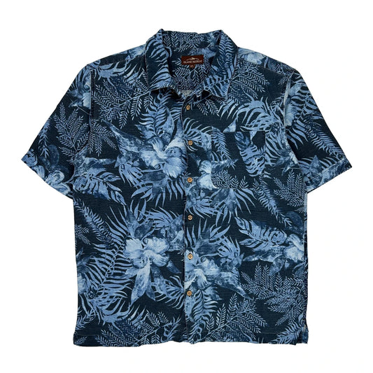 Tropical Print Island Retreat Hawaiian Shirt - Medium Blue Cotton