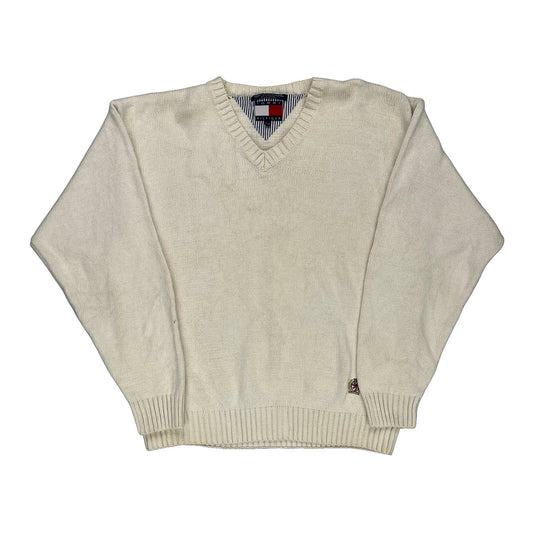 Tommy Hilfiger V-Neck Jumper - Large Cream Cotton Blend