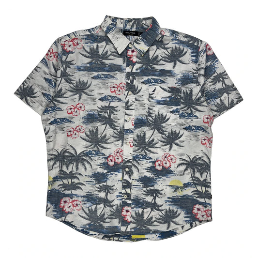 Vintage Nautica Floral Hawaiian Shirt - XL Grey Cotton Blend