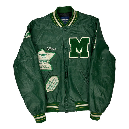 Made In Usa Holloway Varsity Jacket - Large Green Leather