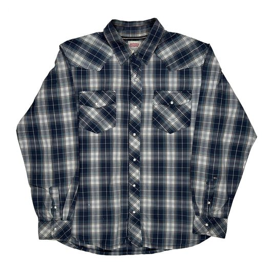 Vintage Western Levis Pearl Snap Checked Shirt - Large Blue Cotton