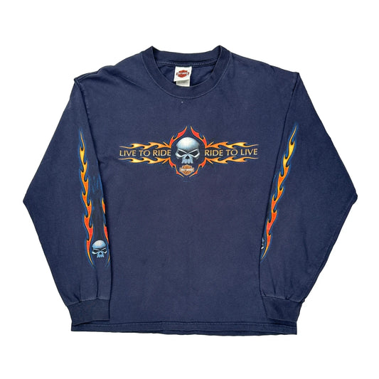 Live To Ride, Ride To Live Harley Davidson Graphic Long Sleeve T-Shirt - Large Navy Cotton