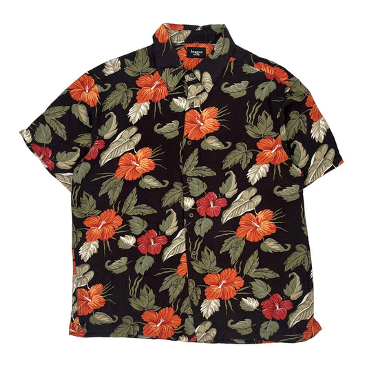 Haggar Floral Hawaiian Shirt - Large Black Cotton