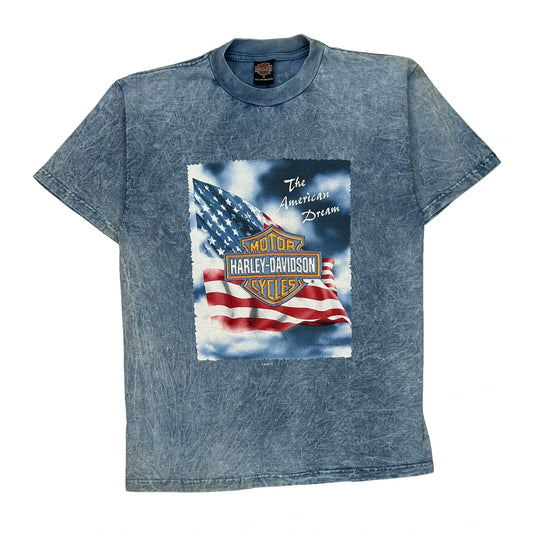 The American Dream Harley Davidson Graphic T-Shirt - Medium Blue Cotton