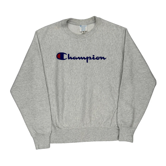 Reverse Weave Champion Spellout Sweatshirt - Medium Grey Cotton Blend