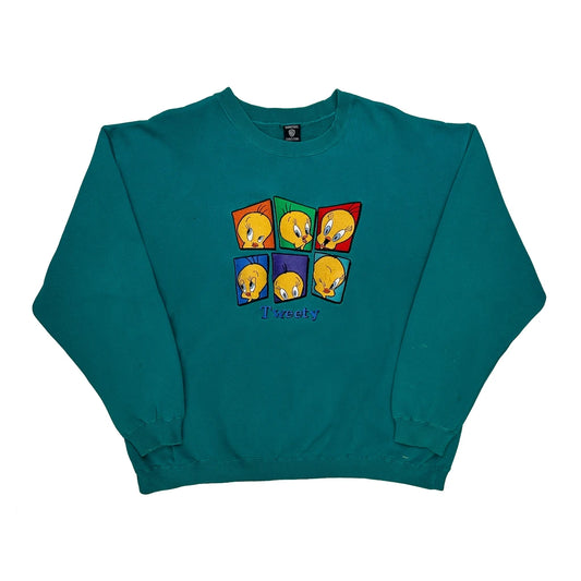 Vintage Tweety Warner Bros Cartoon Sweatshirt - Large Green Cotton Blend