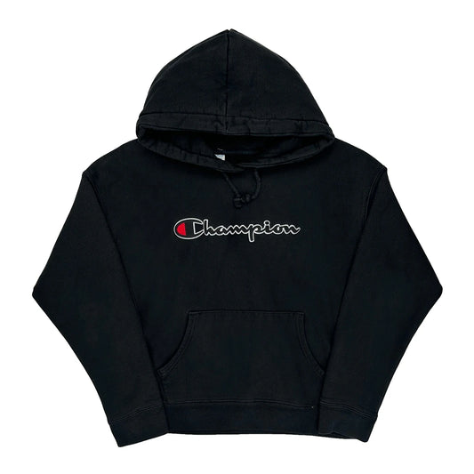 Reverse Weave Champion Spellout Hoodie - Large Black Cotton Blend