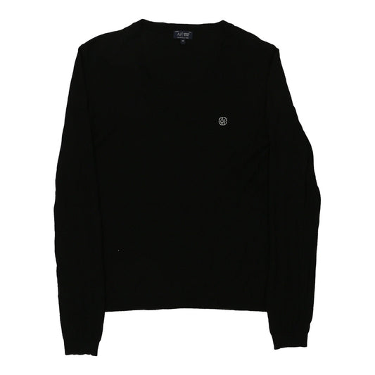 Vintage Armani Jeans V-neck Jumper - Large Black Cotton
