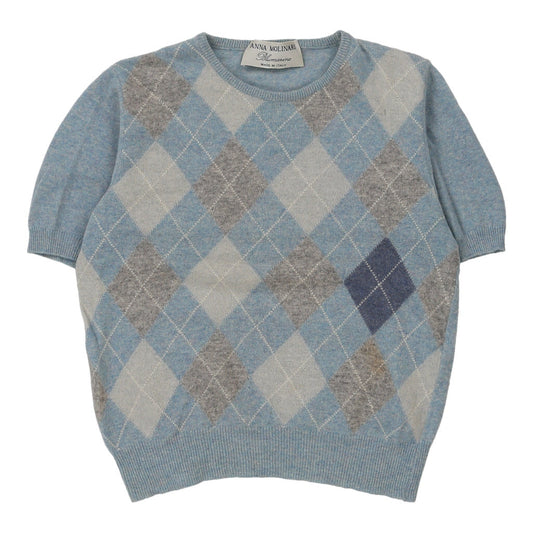 Vintage Anna Molinari Blumarine Argyle Top - Medium Blue Cashmere Blend