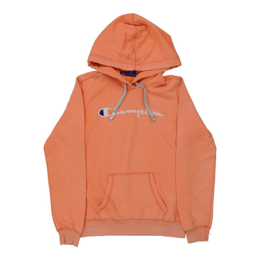 Vintage Champion Spellout Hoodie - Small Orange Cotton Blend