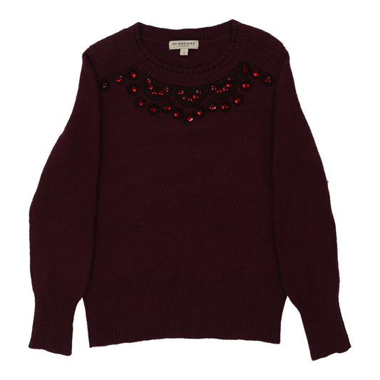Vintage Burberry London Jumper - Large Burgundy Wool Blend